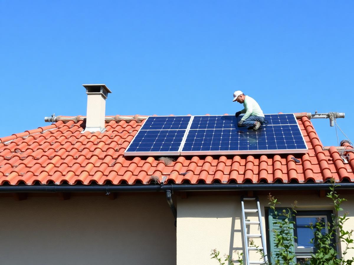 Tecnico che installa pannelli fotovoltaici sul tetto di una villetta