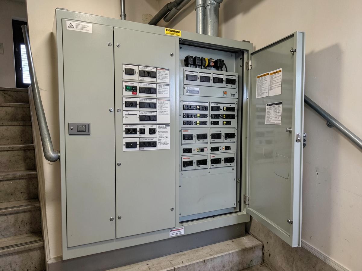 Quadro elettrico condominiale aperto in un vano scala con linee etichettate