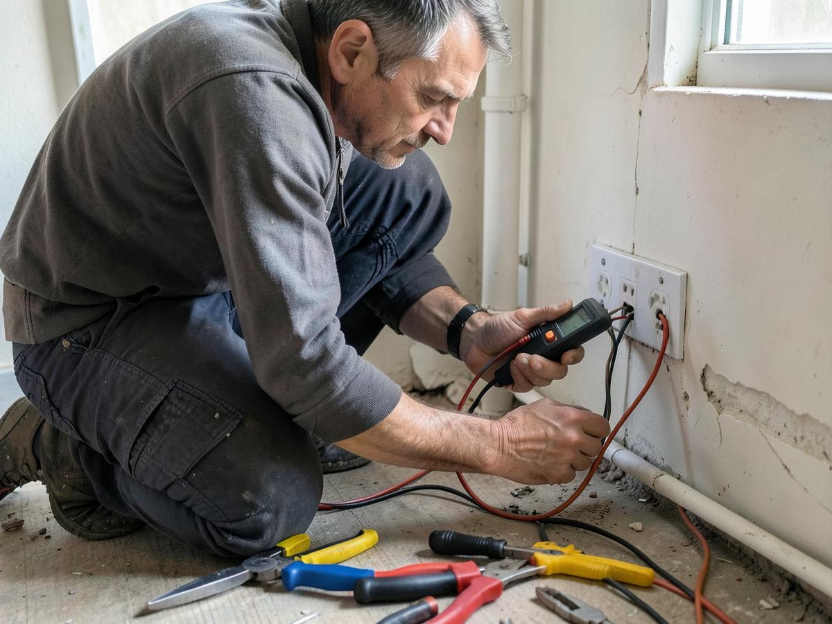 Elettricista che misura una presa con il tester durante una ricerca guasti